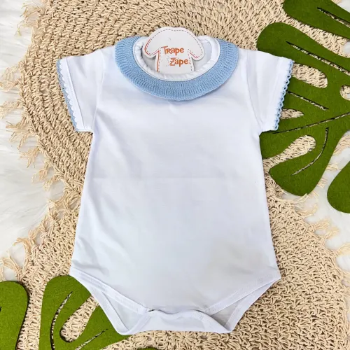 Body Branco com Gola Tricot - Azul