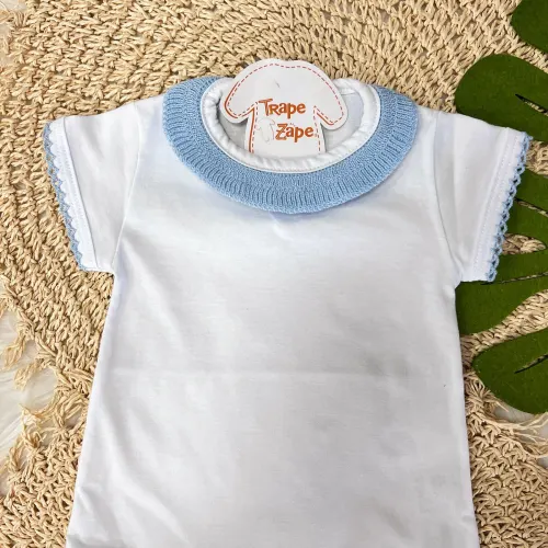 Body Branco com Gola Tricot - Azul