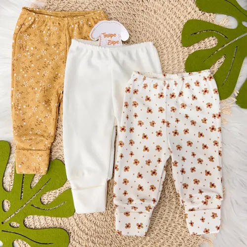 Kit 3 Calças -  Ramo Florido Mostarda, Off White liso e Flores Marrom 