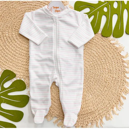  Macacão em Soft com Abertura em Zíper Listrado Rosa e Areia - Off White