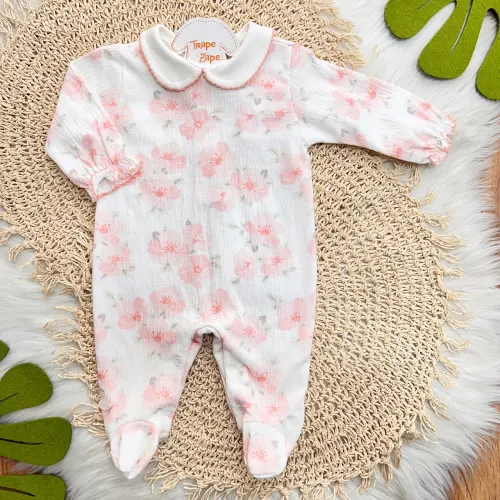 Macacão Anarruga com Gola Picueta - Floral - Rose e Off White