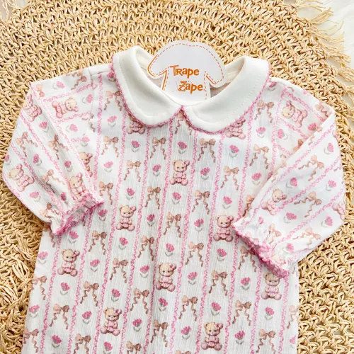 Macacão Anarruga com Gola Picueta - Ursinhas - Rosa e Off White