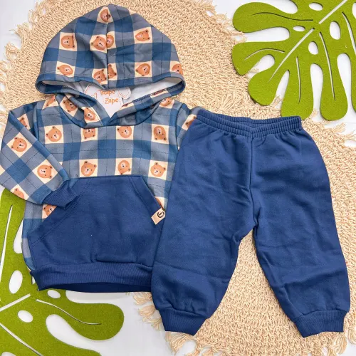 Conj. Casaco Ursos Capuz e Calça em Moletom - Azul Marinho
