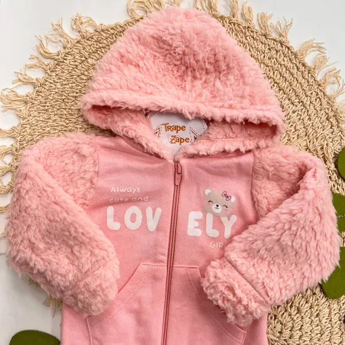  Inverno 2025 - Conjunto Lovely Girl Jaqueta com Pelinhos e Capuz e Calça Moletom - Rosa