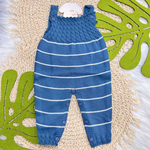 Jardineira Longa de Linha - Azul Jeans com Listras Brancas