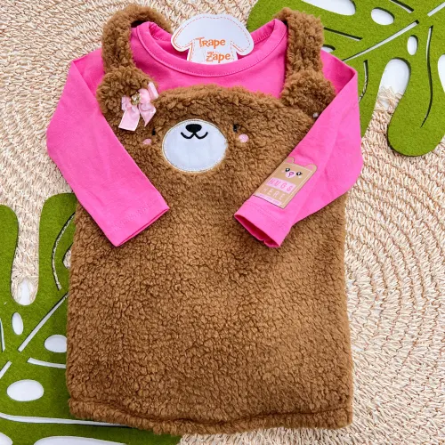 Conj. Body Manga Longa e Salopete Ursinha com Pelinho Hugs Here - Marrom e Pink