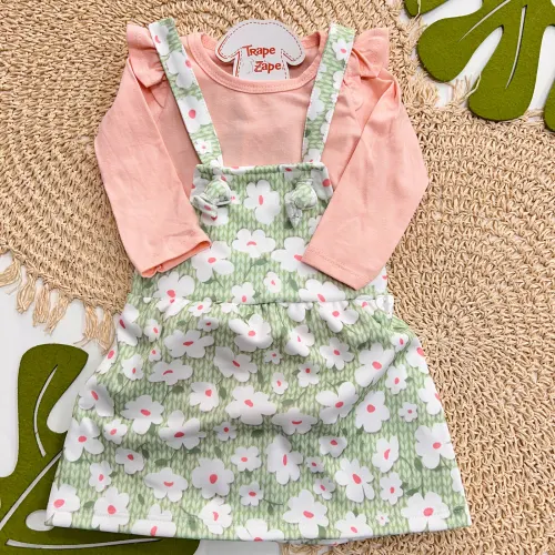Conjunto Body com Babadinhos e Salopete Estampada - Verde e Salmão 