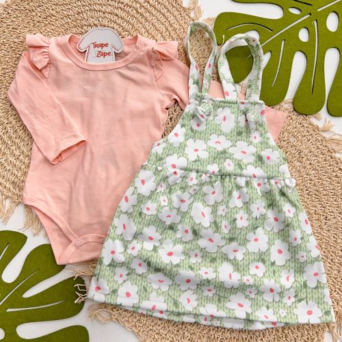 Conjunto Body com Babadinhos e Salopete Estampada - Verde e Salmão 