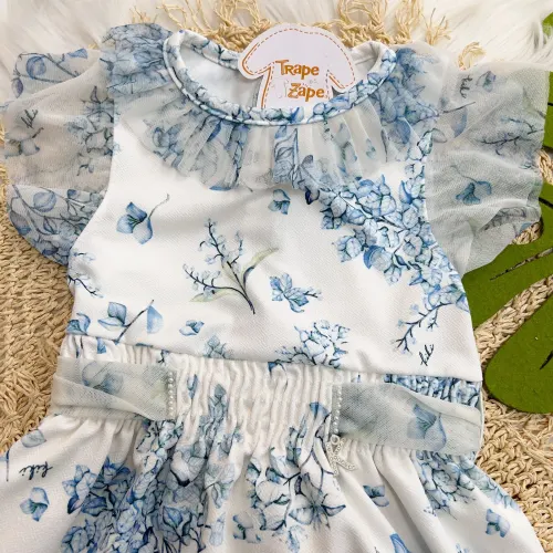 Vestido com Flores Azuis com Babados - Off White