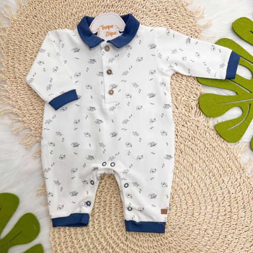 Macacão Curto com Manga Longa Piquet com Gola Polo Tubarão - Off White e Marinho