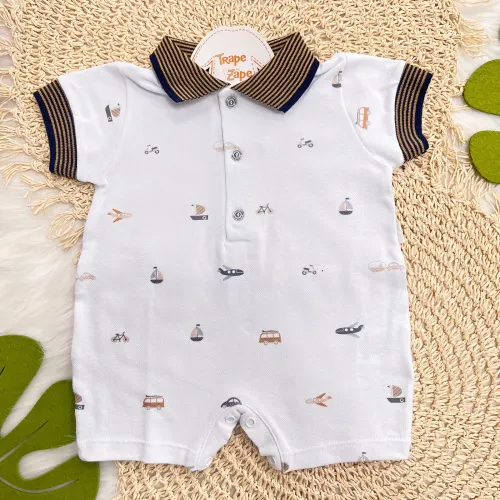 Macacão Curto Piquet com Gola Polo Barquinhos - Off White e Marinho