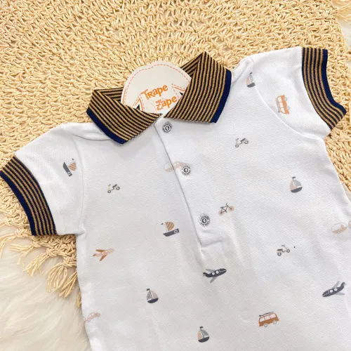 Macacão Curto Piquet com Gola Polo Barquinhos - Off White e Marinho