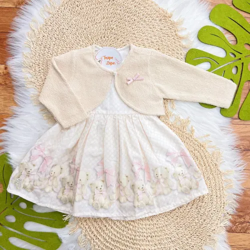 Conj. Bolerinho de Pelinho e Vestido Ursinhas - Rosa Bebê e Off White