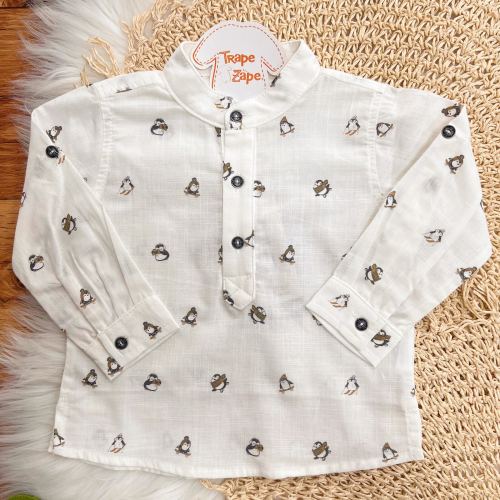 Conj. Camisa Manga Longa Pinguins e Calça em Sarja - Off White e Ferrugem