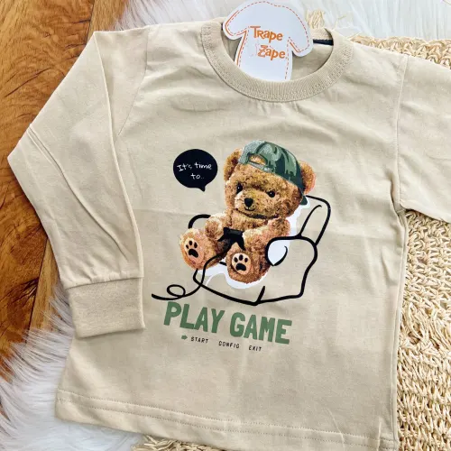  Conj. Blusa Manga Longa Ursinho Play Game e Calça Saruel de Moletinho - Areia e Verde