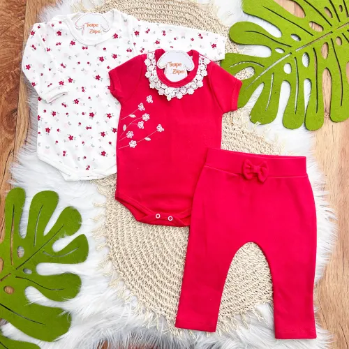 CONJ. DE MALHA 3 PEÇAS - Flores Bordadas e Gola Gripyr - Off White e Vermelho