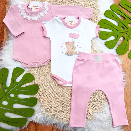  CONJ. DE MALHA 3 PEÇAS - Ursinha com Balões de Coração e Gola Gripyr - Rose e Off White