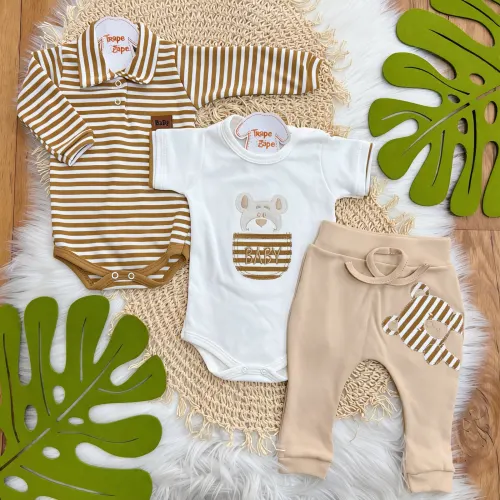 Conj. de Malha 3 peças - Bear Baby Listrado - Areia e Off White