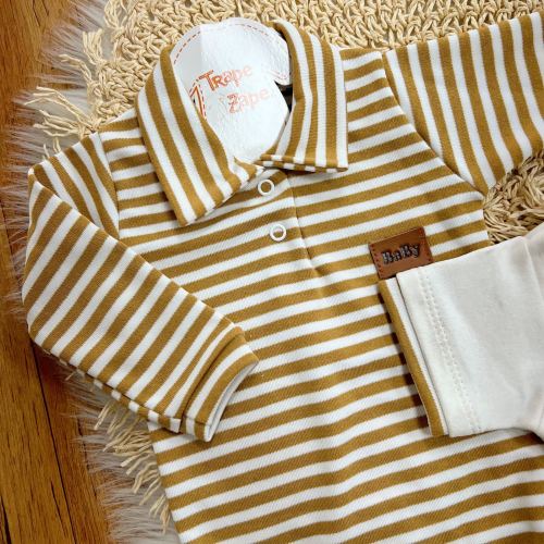 Conj. de Malha 3 peças - Bear Baby Listrado - Areia e Off White