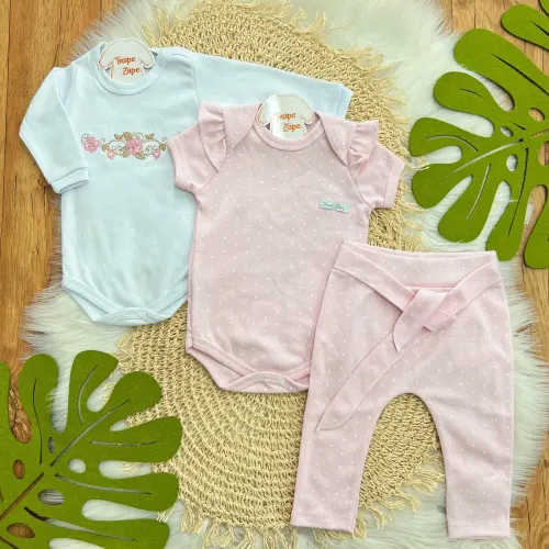 Conj. de Malha 3 Peças - Flores com Ramos Dourados - Branco e Rosa Bebê