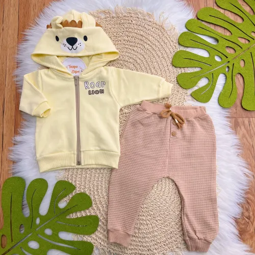  Conj. Jaqueta de Moletom Roar Lion e Calça Canelada - Amarelo e Areia