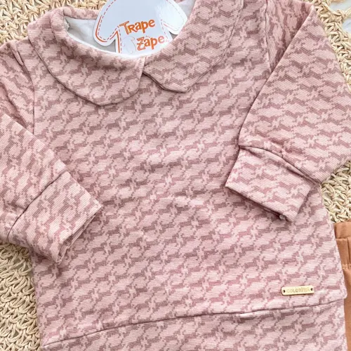 Conj. Blusa Manga Loga com Estampa Pied-de-Poule e Calça Legging - Rose