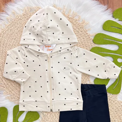 Conj. Jaqueta de Moletom Poá e Calça Legging - Creme e Preto