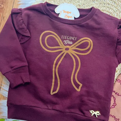  Conj. Casaco de Moletom Elegance Girls e Calça Legging Laços - Bordo e Marrom