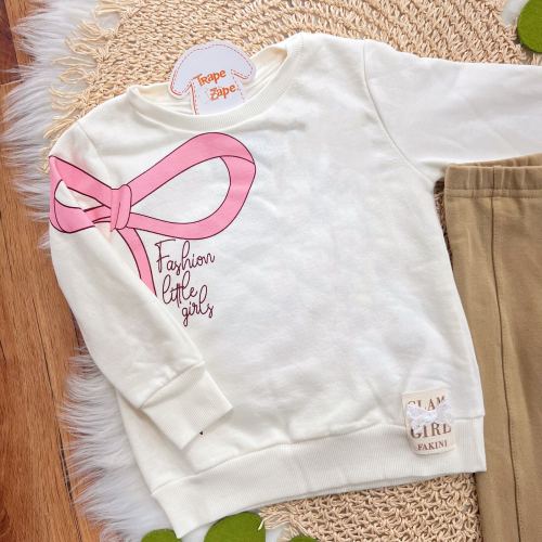 Conj. Casaco de Moletom Fashion Little Girls e Calça Legging - Off White e Caramelo