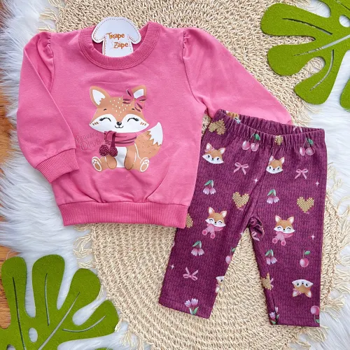 Conj. Casaco de Moletom Pequena Diva e Calça Legging Raposinha e Frutinhas - Rose
