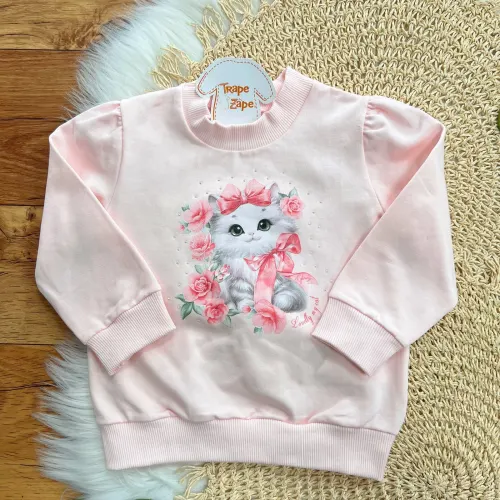  Conj. Casaco Gola Alta Gatinha com Lacinhos e Calça Legging - Rosa