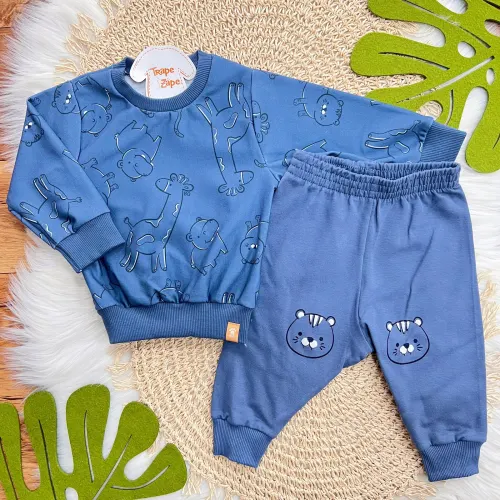 Conj. Casaco Safari e Calça Tigrinhos de Moletom - Azul Jeans