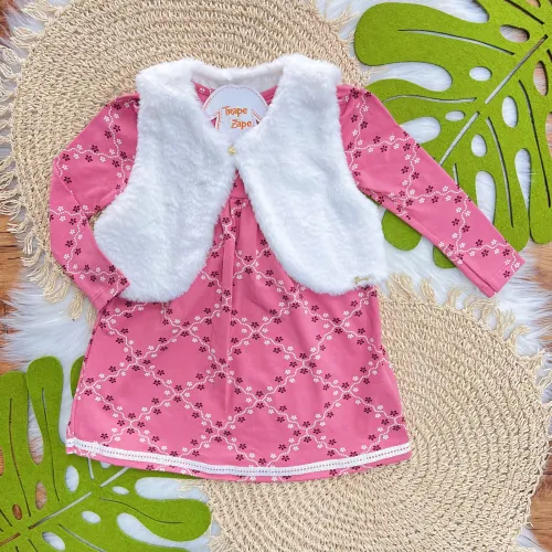 Vestido Manga Longa Mini Flores e Colete de Pelinho - Rose