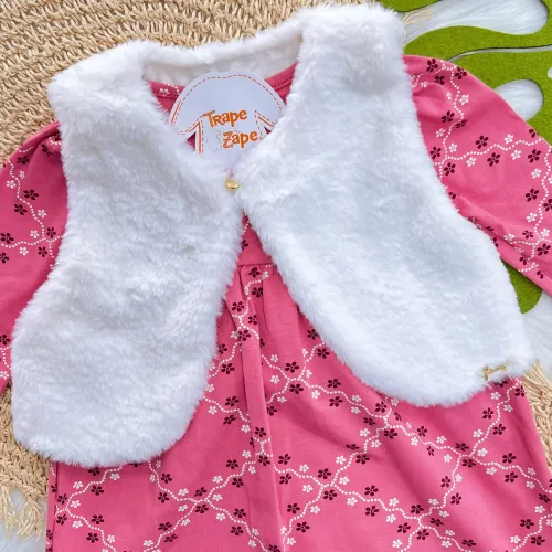 Vestido Manga Longa Mini Flores e Colete de Pelinho - Rose