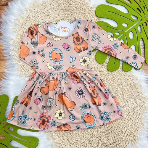  Vestido Manga Longa Malha Térmica Capivaras - Areia