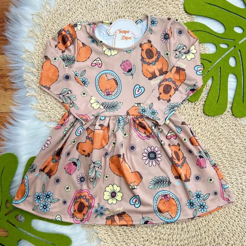  Vestido Manga Longa Malha Térmica Capivaras - Areia