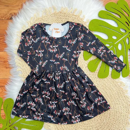  Vestido Manga Longa Malha Térmica com Flores Coloridas - Marinho