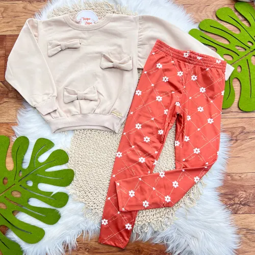 Conj. Blusão de Moletom 3 Laços e Calça Legging Florzinhas - Ferrugem