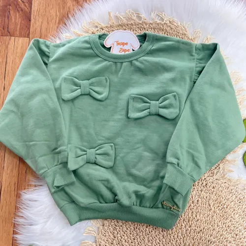 Conj. Blusão de Moletom 3 Laços e Calça Legging Florzinhas - Verde