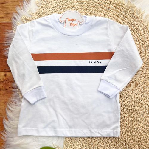 Conj. Camiseta Manga Longa Duas Listras e Calça de Moletom - Branco e Marinho