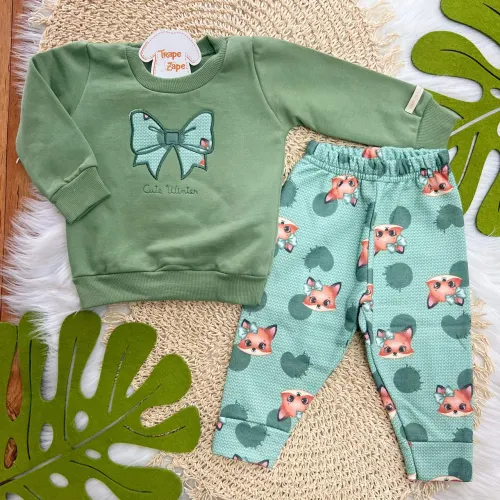 Conj. Casaco de Moletom Cute Winter e Calça Raposinha - Verde