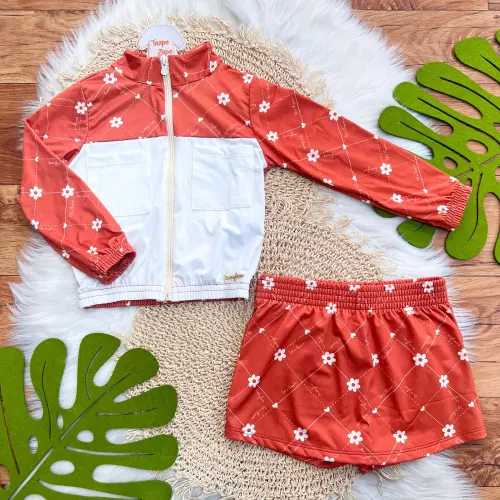 Conj. Jaqueta e Short Saia Florzinhas - Ferrugem e Off White
