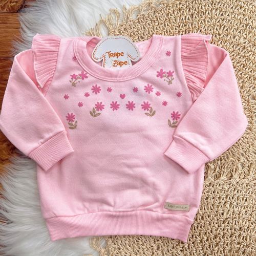 Conj. Casaco Floral de Moletom com Babadinhos e Calça Ribana Flare - Rosa