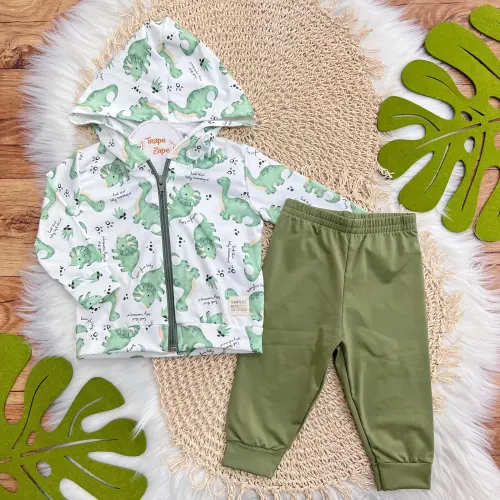 Conj. Jaqueta Xadrez Dinossauros e Calça em Malha Térmica - Off White e Verde
