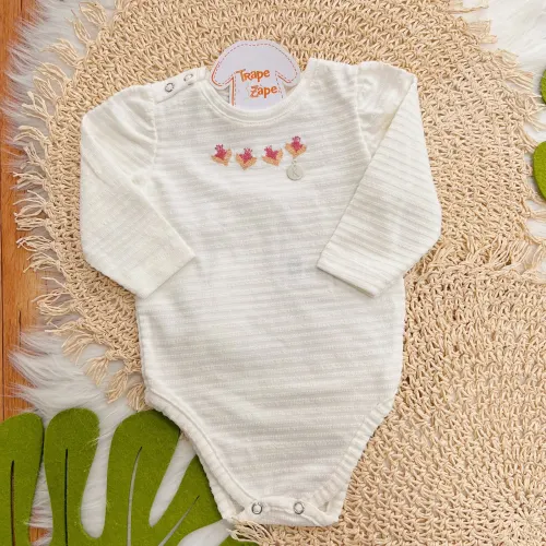 Conj. Body Manga Longa Bordado Flores e Calça - Off White e Avelã