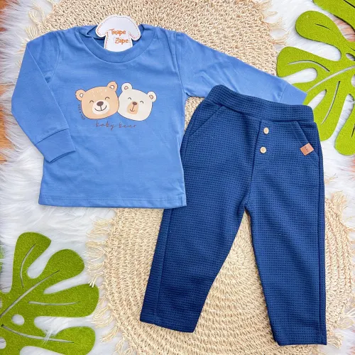  Conj. Blusa Manga Longa Baby Bear e Calça Malha Waffle - Azul Marinho