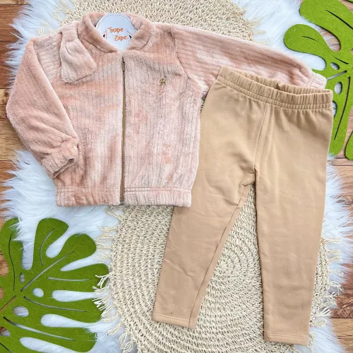   Conj. Jaqueta de Pelinho com Laço e Calça Legging - Areia