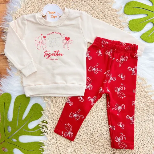 Conj. Casaco de Moletom We Are Happy e Calça Legging Laços - Areia e Vermelho
