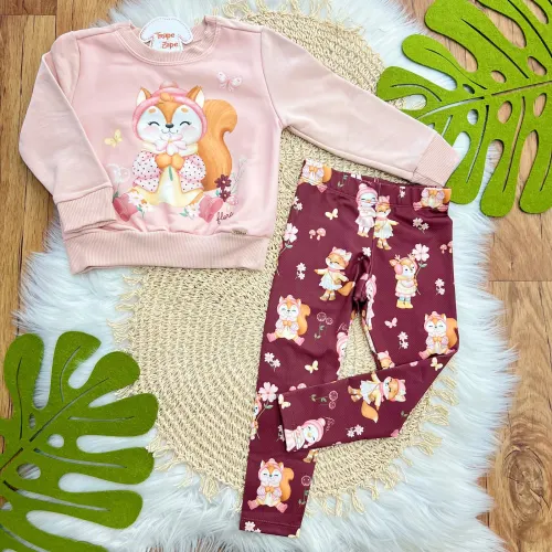 Conj. Casaco Raposinha no Jardim e Calça Legging - Rose e Bordô