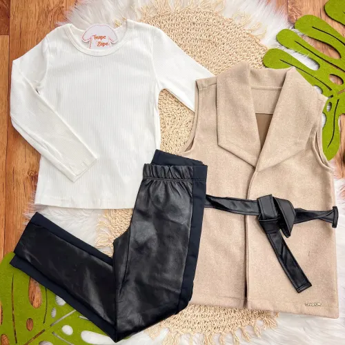 Conj. Colete em Fleece, Blusa Manga Longa Canelada e Legging em Couro Ecológico - Areia e Preto
